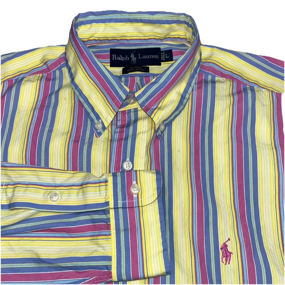 Polo Ralph Lauren Long Sleeve Button Down Men's Large, Pink‎ Blue Yellow, Easter